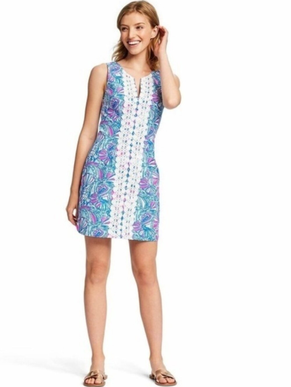 Lilly Pulitzer For Taeget My Fans Sleeveless Split Neck Shift Dress Feminine 14